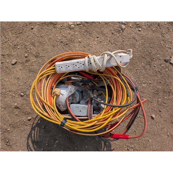 Box of Misc. Electronical items (Cords, Block, Light Switches, Bulbs, etc.)