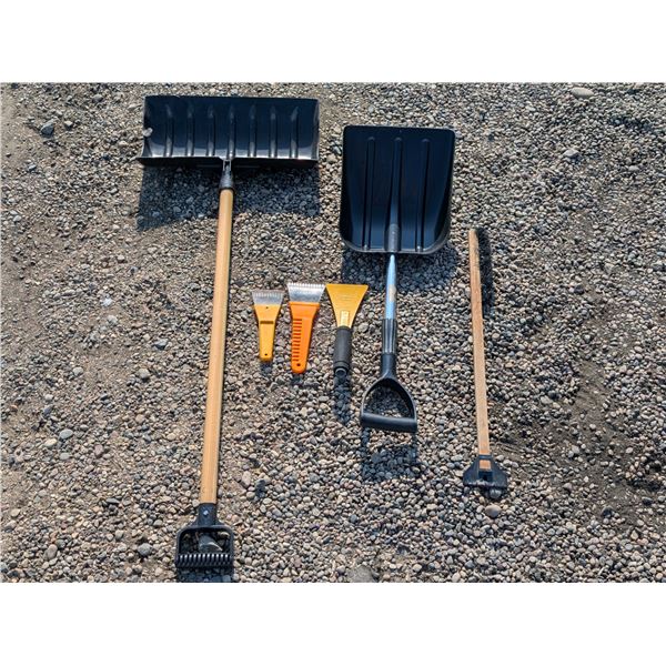 Lot of (2) Snow Shovels, Ice Scrapers, and Wooden Snow Brush