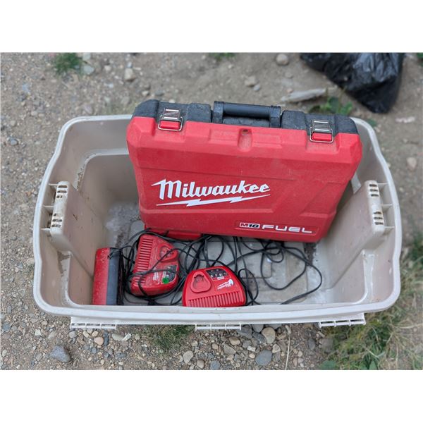 Milwaukee Tool Case for a Power Tool, Multiple Milwaukee tool Chargers, and Tubber ware Bin for Stor