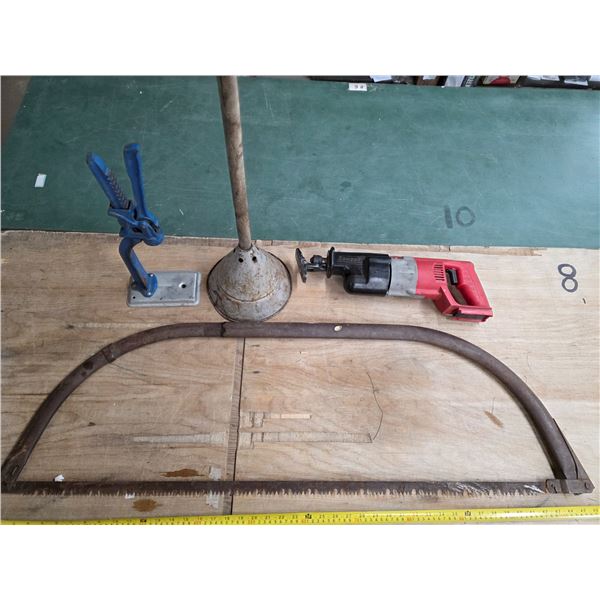 Lot of tools, bucksaw, clothes plunger, recipricating saw and bottle capper