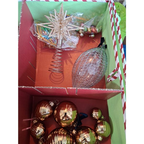 Green storage box c/w both levels full of Xmas tree decorations