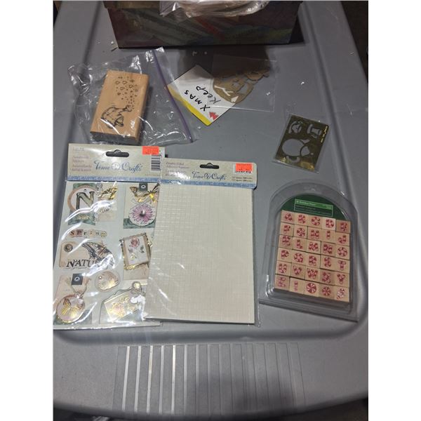 Selection of crafting supplies and Rubber stamps