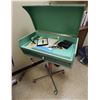 Image 1 : Green Metal 2-Drawer Cabinet on Rolling Stand & Contents: Visual Trial Lens Frame, Chart, etc