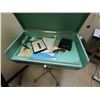 Image 2 : Green Metal 2-Drawer Cabinet on Rolling Stand & Contents: Visual Trial Lens Frame, Chart, etc
