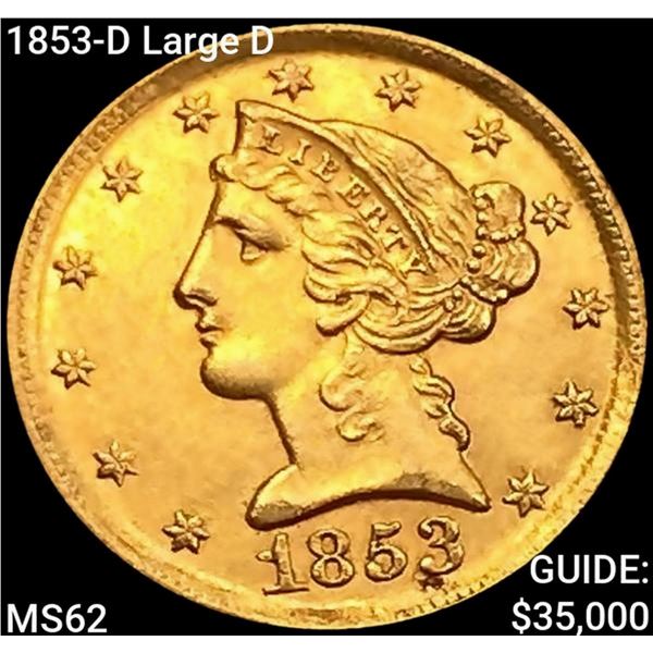 1853-D Large D $5 Gold Half Eagle UNCIRCULATED