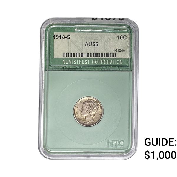 1918-S Mercury Silver Dime NTC AU55