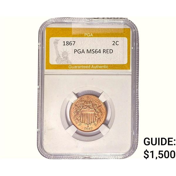 1867 Two Cent Piece PGA MS64 RED