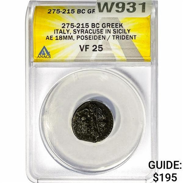 Greek Hieron II 275-215 BC Bronze 18MM ANACS VF25