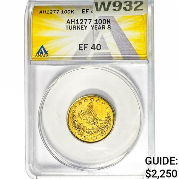 AH 1277 Turkey Gold 100 Kurush Year 8 ANACS EF40 AGW .2127oz