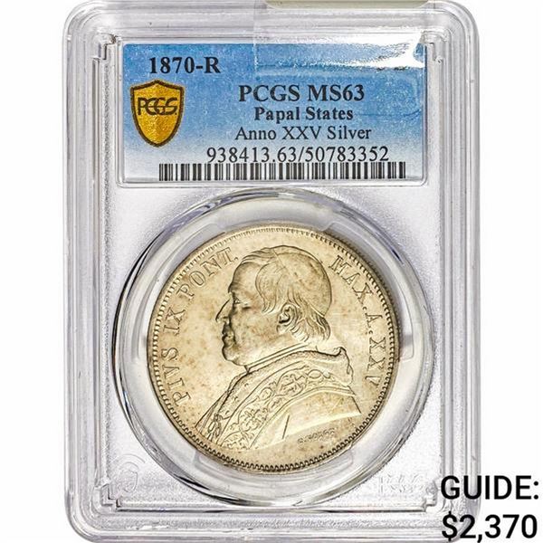 1870-R Papal States Silver 5 Lire PCGS MS63