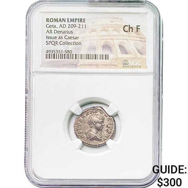 Roman Geta, AD 209-211 Silver Denarius NGC Ch F