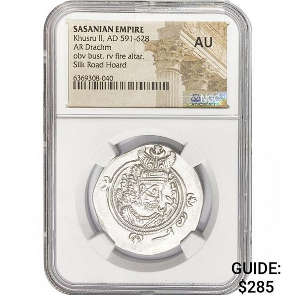Sasanian Khusru II, AD 591-628 Silver Drachm NGC