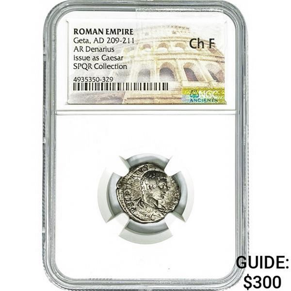Roman Geta, AD 209-211 Silver Denarius NGC Ch F