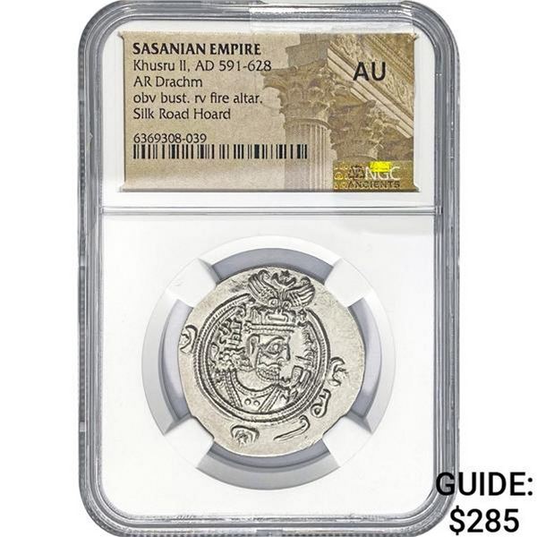 Sasanian Khusru II, AD 591-628 Silver Drachm NGC