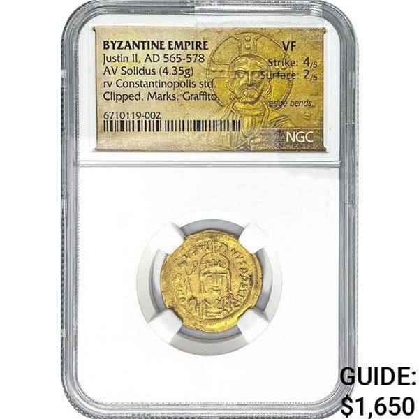 Byzantine Justin II, AD 565-578 Gold Solidus NGC VF