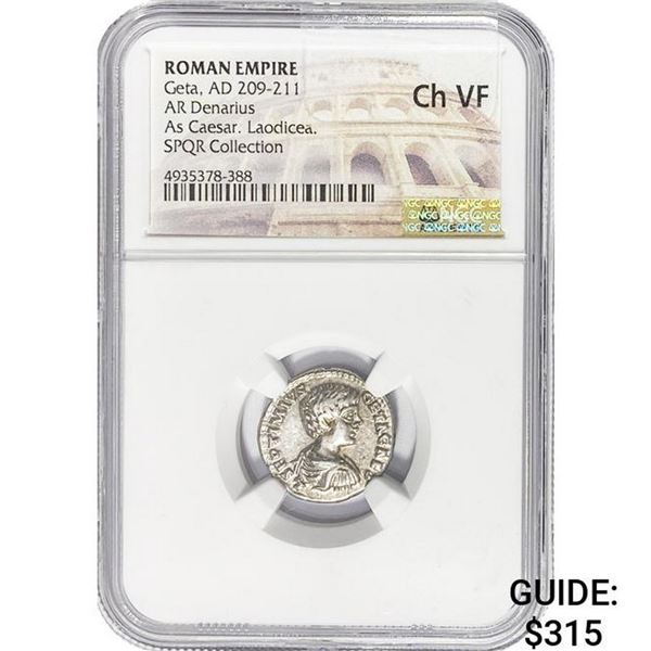 Roman Geta, AD 209-211 Silver Denarius NGC Ch VF
