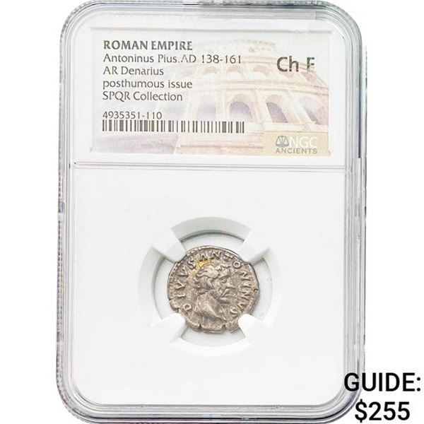 Roman Antoninus Pius, AD 138-161 Silver Denarius NGC Ch F