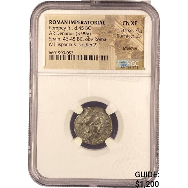 Roman Pompey Jr, BC 46-45 SIlver Denarius NGC