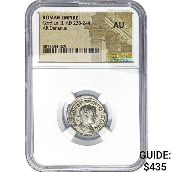 Roman Gordian III, AD 238-244 Silver Denarius  AU