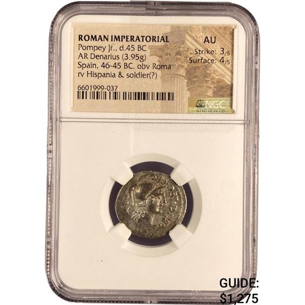 Roman Pompey Jr, BC 46-45 SIlver Denarius  AU