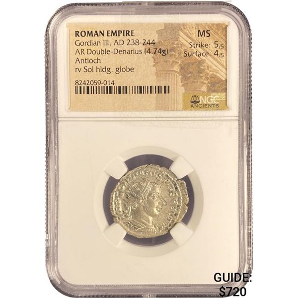 Roman Gordian III, AD 238-244 SIlver DBL Denarius NGC