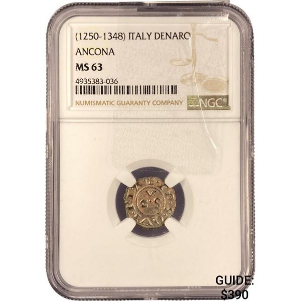 [1250-1348] Italy Silver Denaro- Ancona NGC MS63