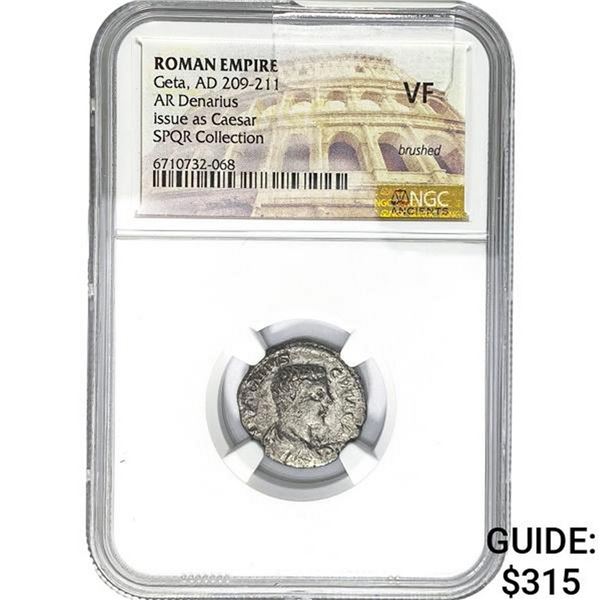Roman Geta, AD 209-211 Silver Denarius NGC VF