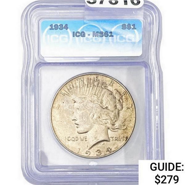 1934 Silver Peace Dollar ICG MS61