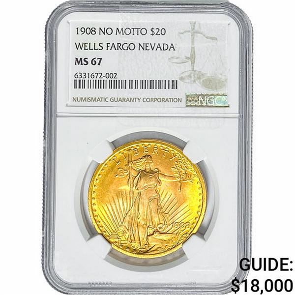 1908 $20 Gold Double Eagle NGC MS67 No Motto