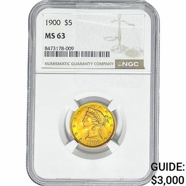 1900 $5 Gold Half Eagle NGC MS63