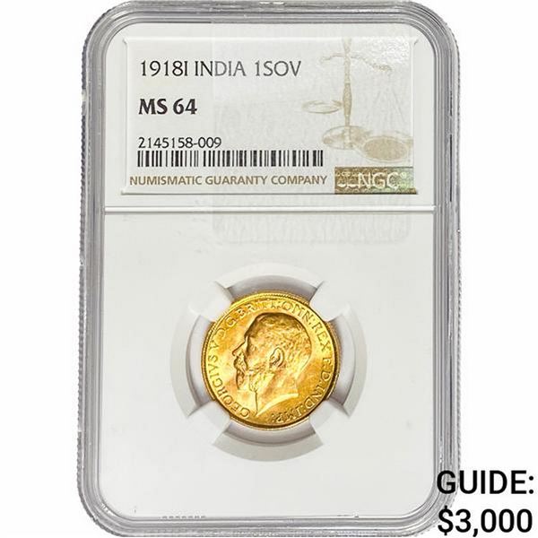 1918I India .2355oz Gold 1 Sovereign NGC MS64