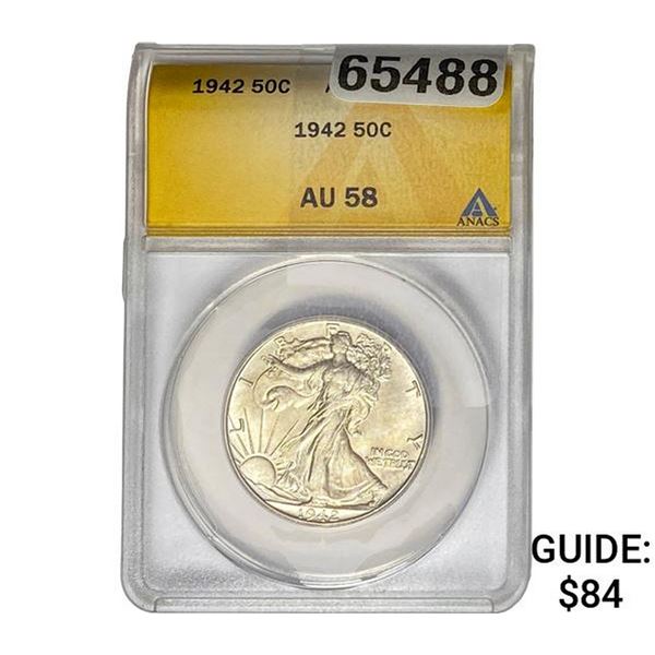 1942 Walking Liberty Half Dollar ANACS AU58