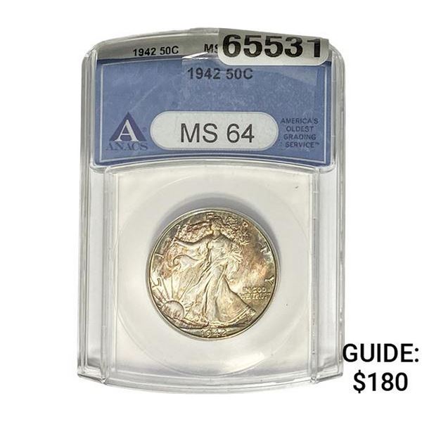 1942 Walking Liberty Quarter ANACS MS64