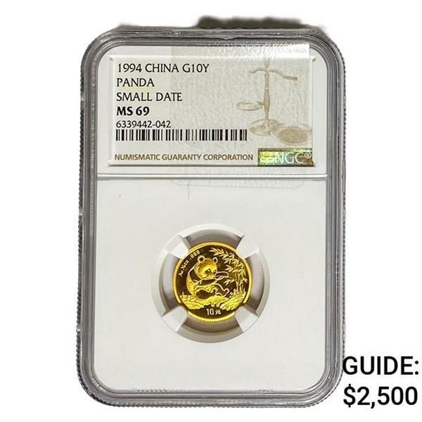 1994 China Gold 10 Yen Panda SM. Date NGC MS69