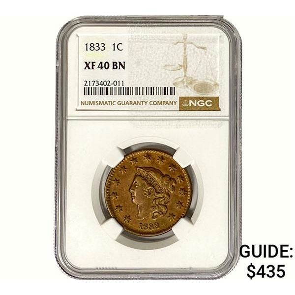 1833 Coronet Head Large Cent NGC XF40 BN