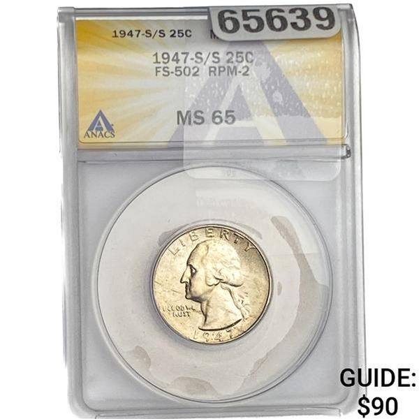1947S/S Washington Silver Quarter ANACS MS65 FS502