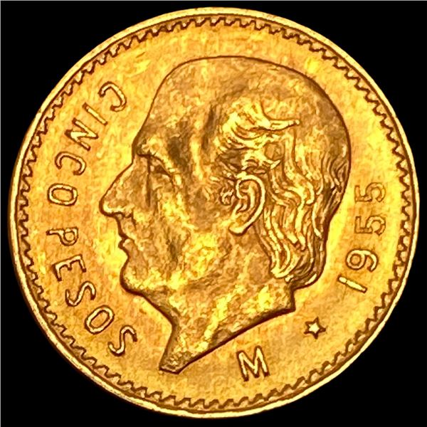 1955-M Mexico Gold 5 Pesos .1206oz AGW SUPERB GEM BU