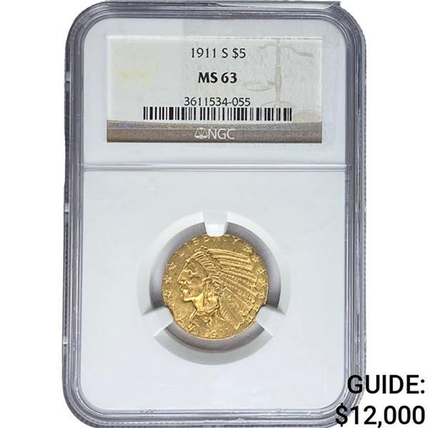 1911-S $5 Gold Half Eagle NGC MS63