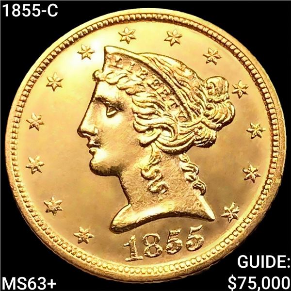 1855-C $5 Gold Half Eagle CHOICE BU+