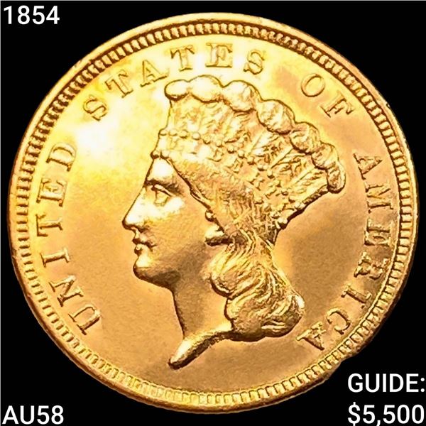 1854 $3 Gold Piece CHOICE AU