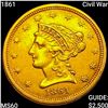 Image 1 : 1861 Civil War $2.5 Gold Quarter Eagle UNCIRCULATED
