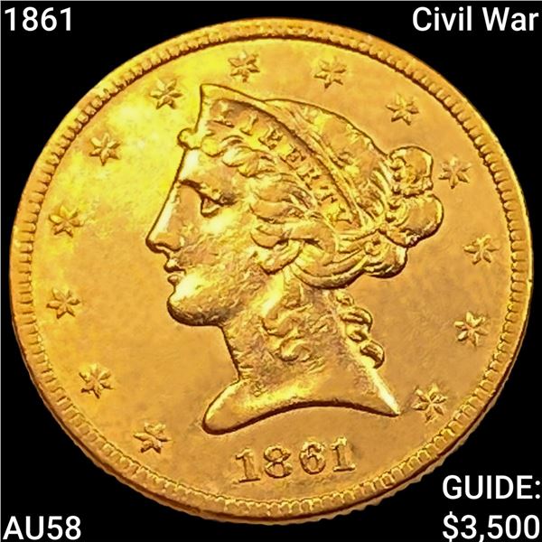 1861 Civil War $5 Gold Half Eagle CHOICE AU