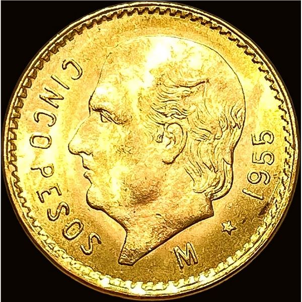 1955 Mexico Gold 5 Pesos .1206 AGW GEM BU