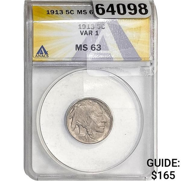 1913 Buffalo Nickel ANACS MS63 VAR 1