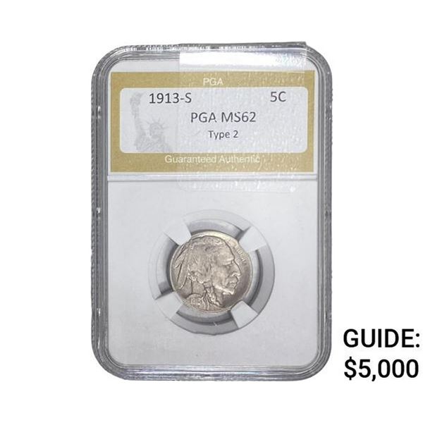 1913-S Buffalo Nickel PGA MS62 TY 2