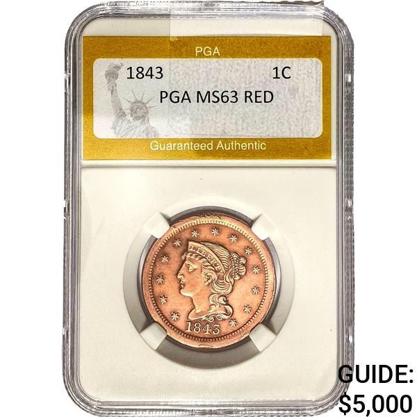 1843 Braided Hair Large Cent PGA MS63 Red