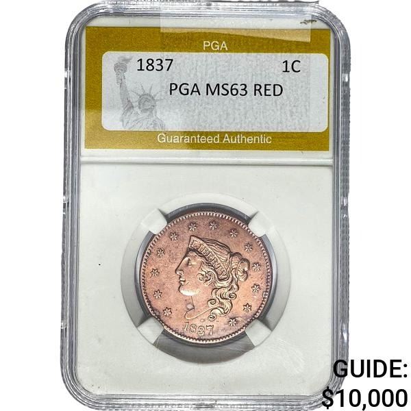 1837 Coronet Head Large Cent PGA MS63 Red