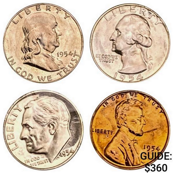 [4] 1954 U.S. Varied Coins 1C, 10C, 25C, 50C
