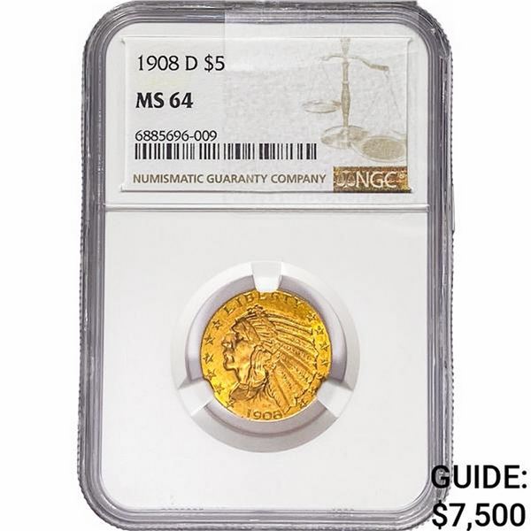 1908-D $5 Gold Half Eagle NGC MS64