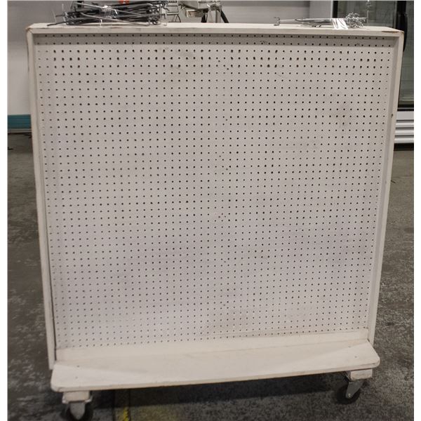 DOUBLE SIDED 50" X 48" PEG BOARD ON CASTORS
